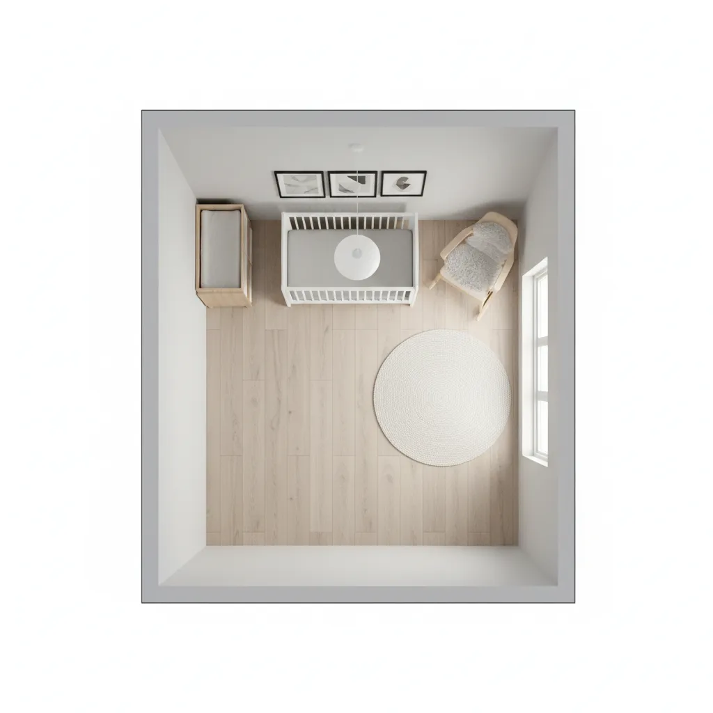 small nursery layout showing crib placement and walking space