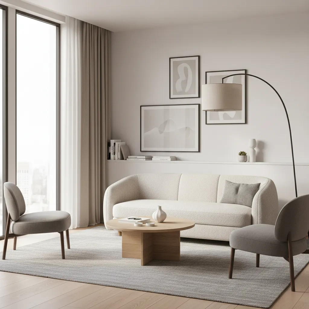 Compact curved sofa placed in a small modern living room