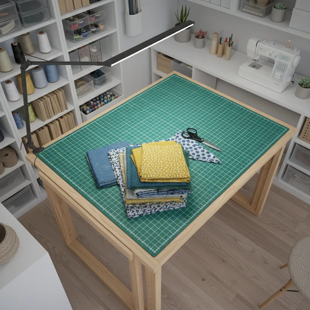 foldable cutting table used in a small sewing room workspace