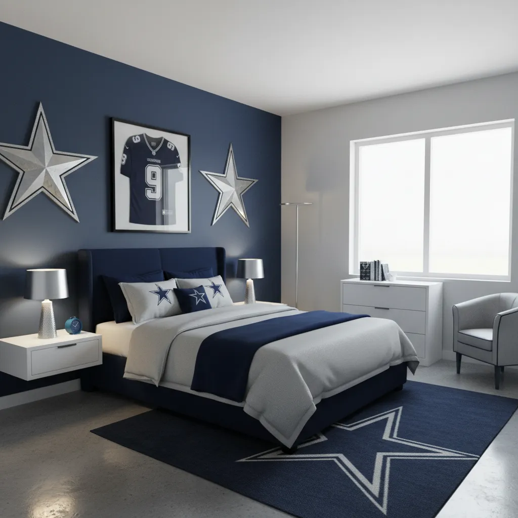 Compact Dallas Cowboys themed bedroom with bed and accent wall decor