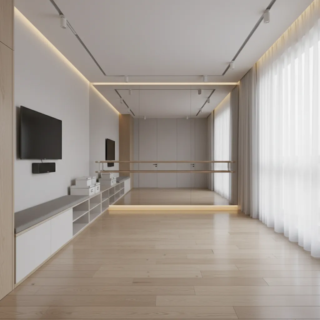 Small dance practice room with open floor layout and minimal furniture