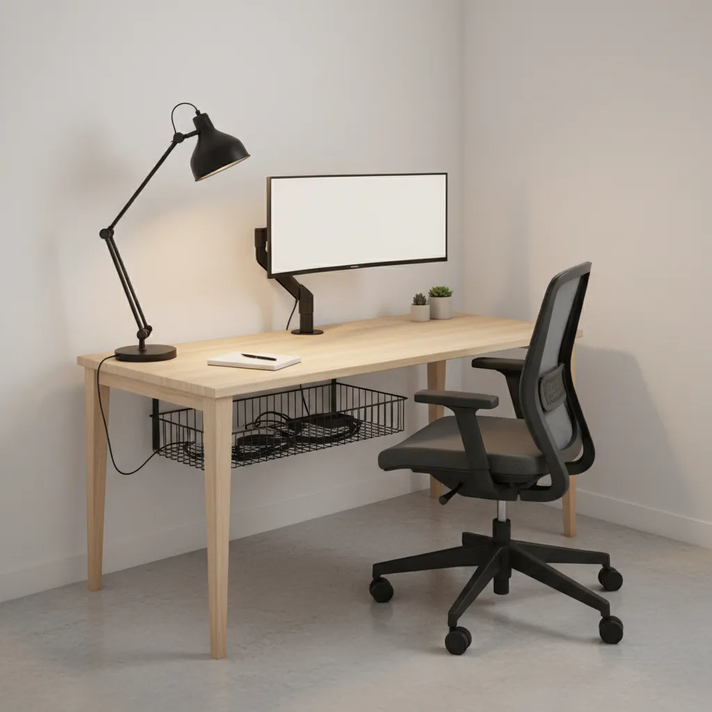 Small desk setup with monitor arm wall lamp and under desk cable tray