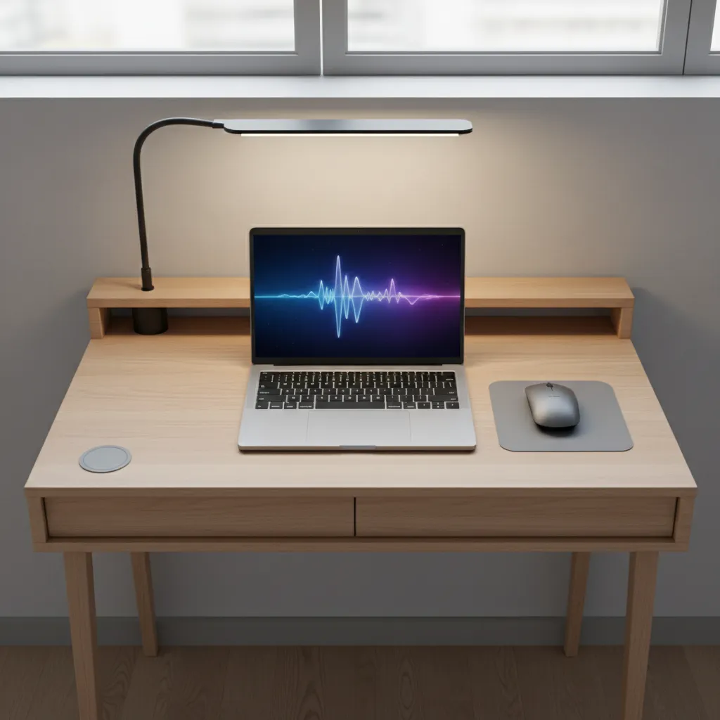 top view of small desk layout showing compact lamp placement