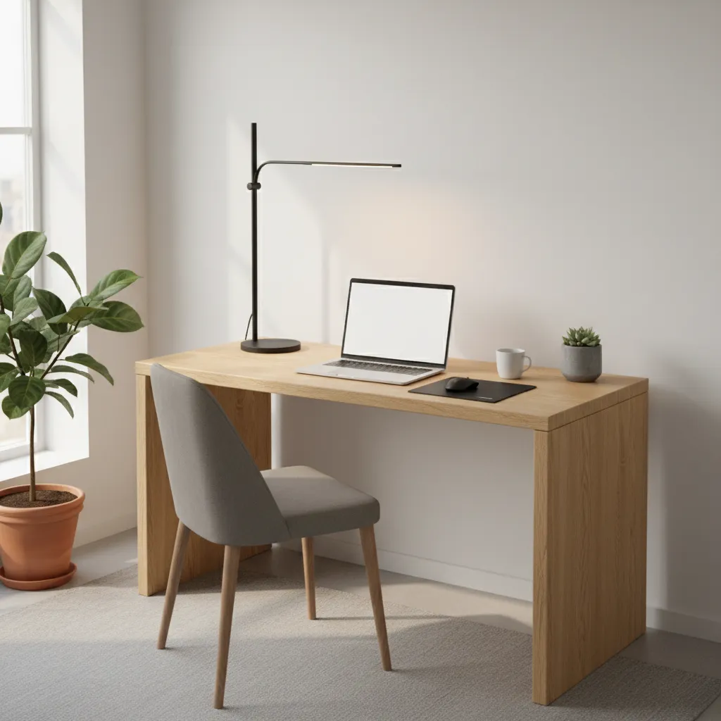 Small desk setup with slim adjustable desk lamp beside laptop and notebook