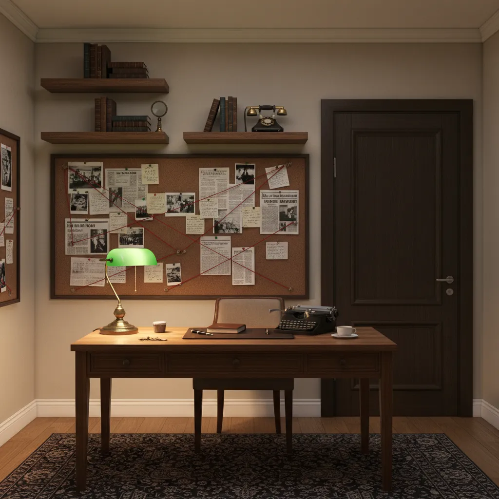 Small detective office layout with desk, evidence board and shelving in a compact room