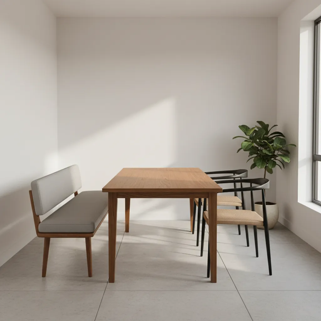 small dining room with rectangular table and bench seating to save space