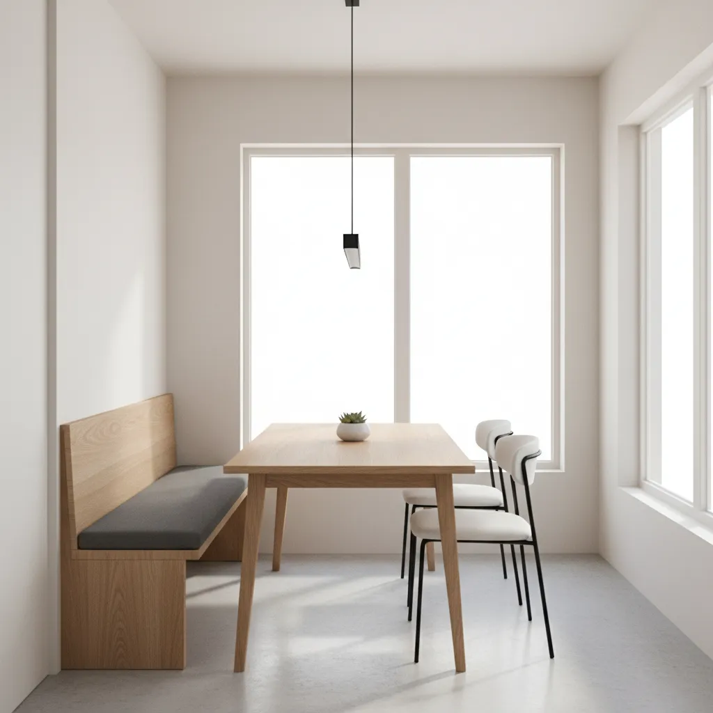 Compact dining room layout showing narrow table with bench seating