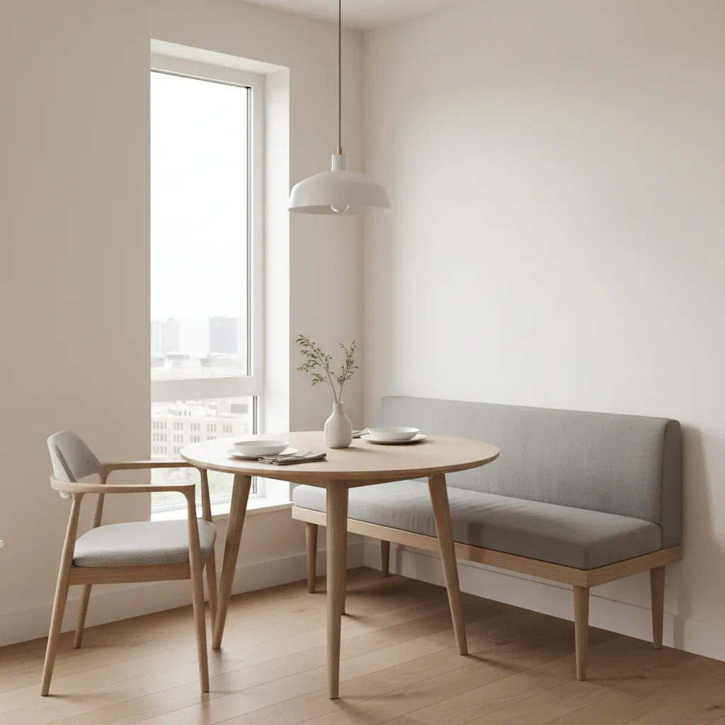 Compact apartment dining nook with small round table and window light