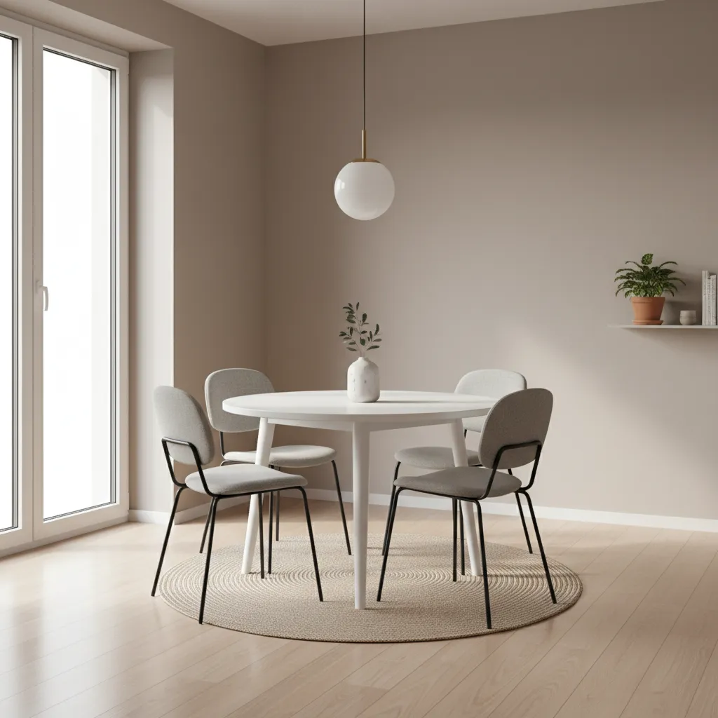 small apartment dining room layout with round table and slim chairs