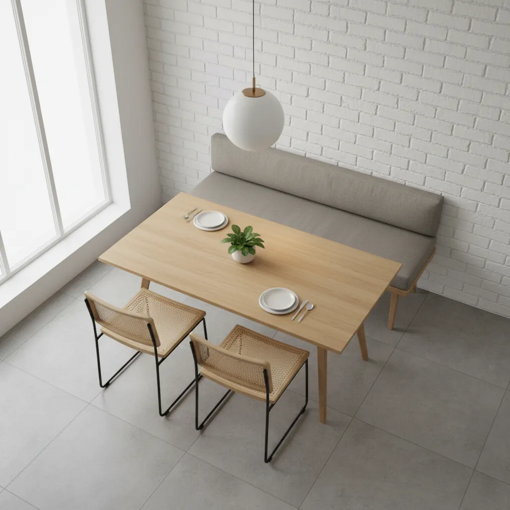 Small dining room layout with wall side seating and circulation path