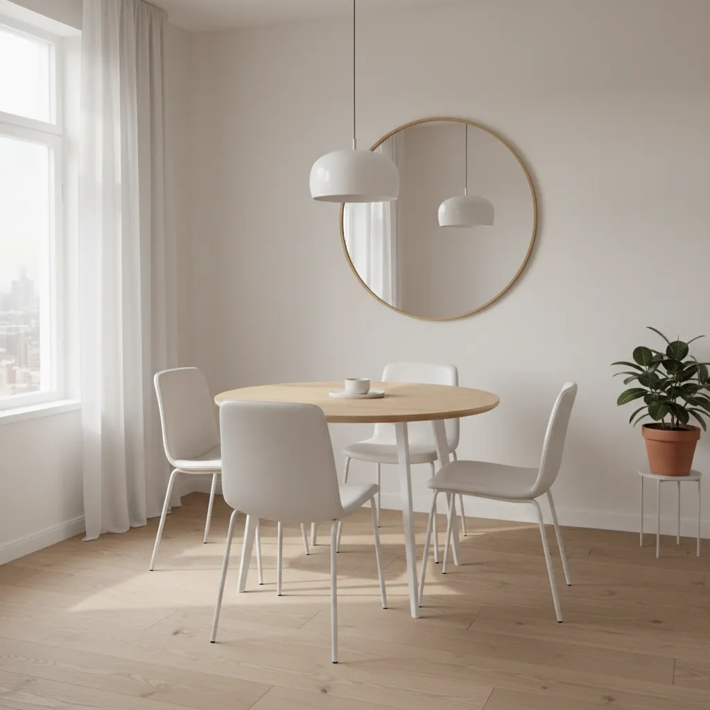 small dining room with slim white leather dining chairs and round table