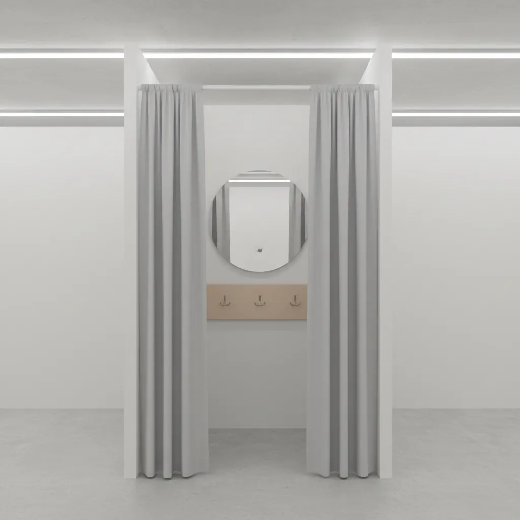 compact DIY changing room layout with curtain frame mirror and small floor footprint