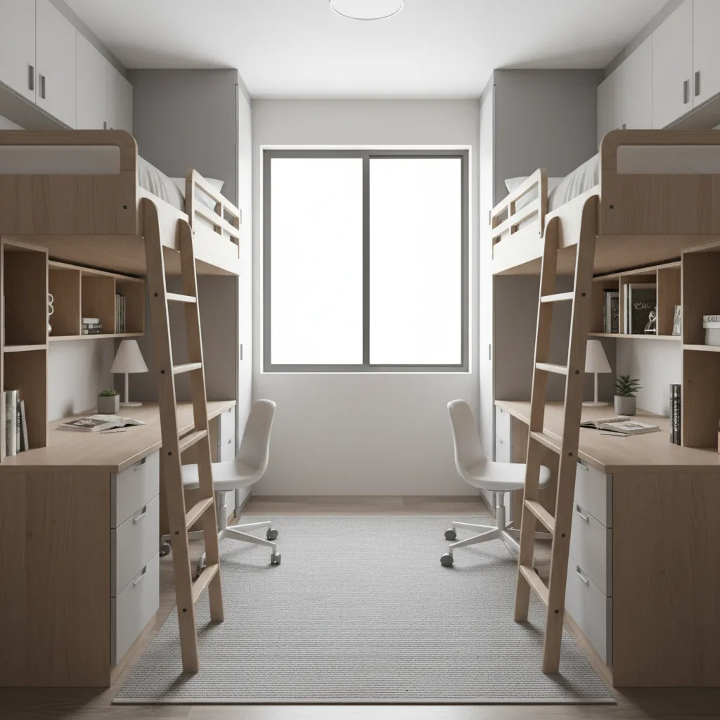 compact dorm room with loft beds maximizing floor space for desks