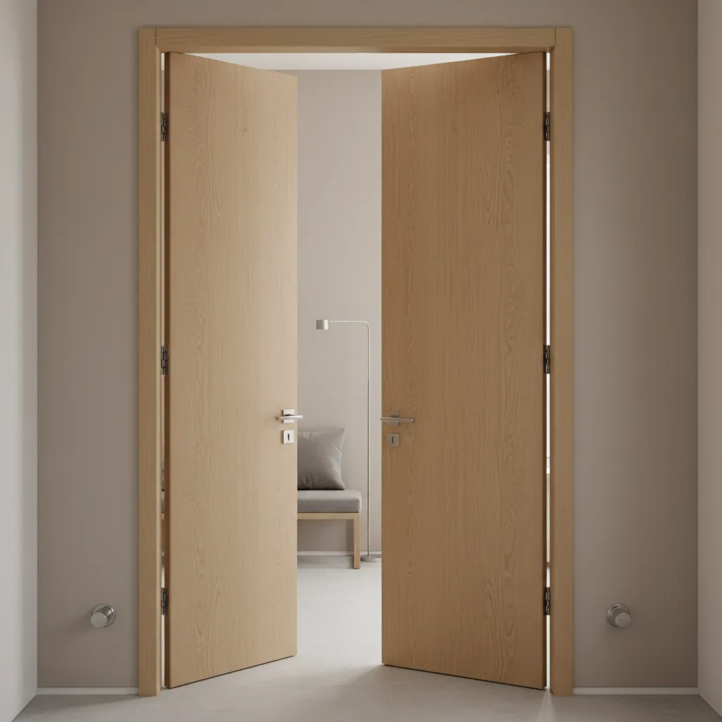 Modern compact hinges and door stops designed for small double door spaces