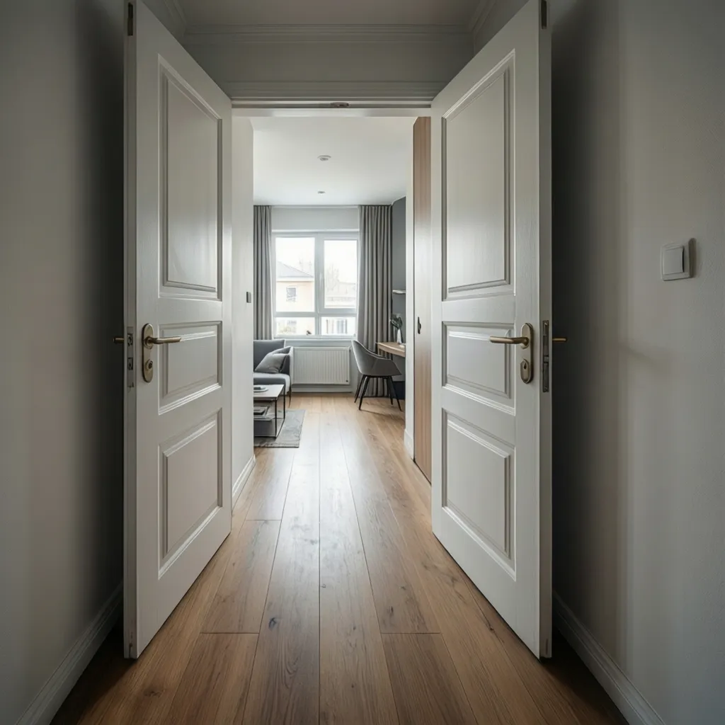Compact double doors opening into a small hallway layout