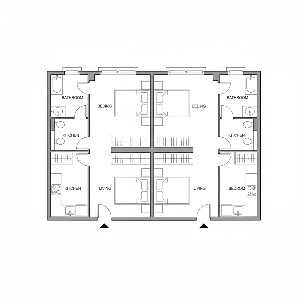 simple floor plan diagram of a compact duplex layout showing two mirrored units