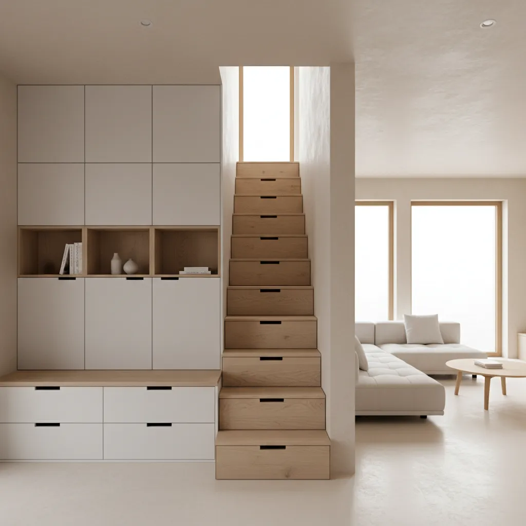 Built in storage solutions inside compact duplex home interior