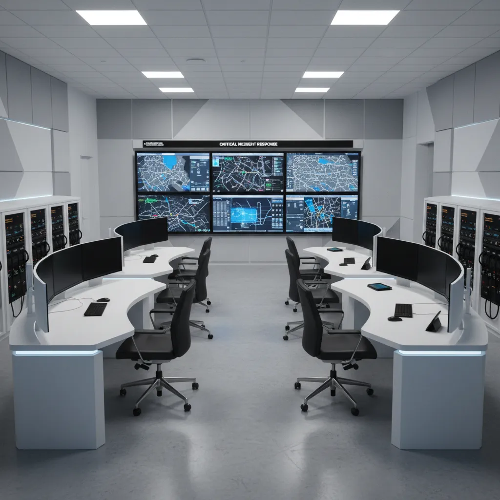 Compact emergency operations center layout maximizing space with efficient workstation furniture