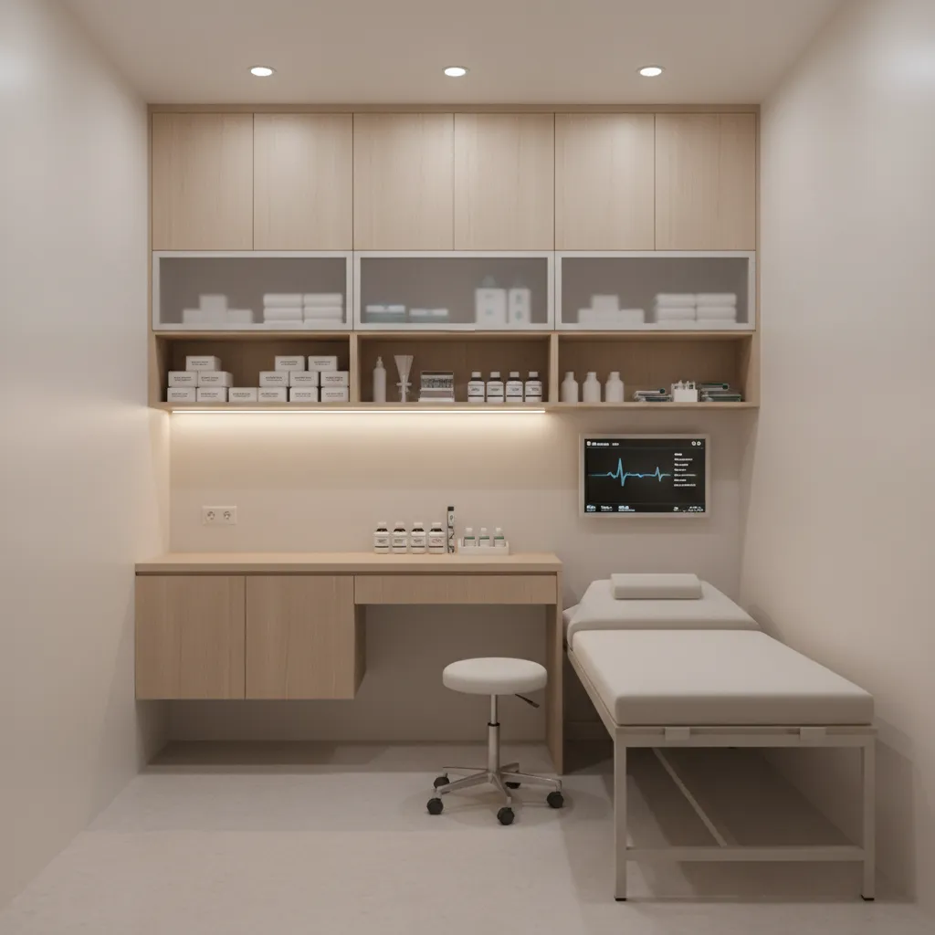 Small medical exam room with wall mounted cabinets and vertical storage