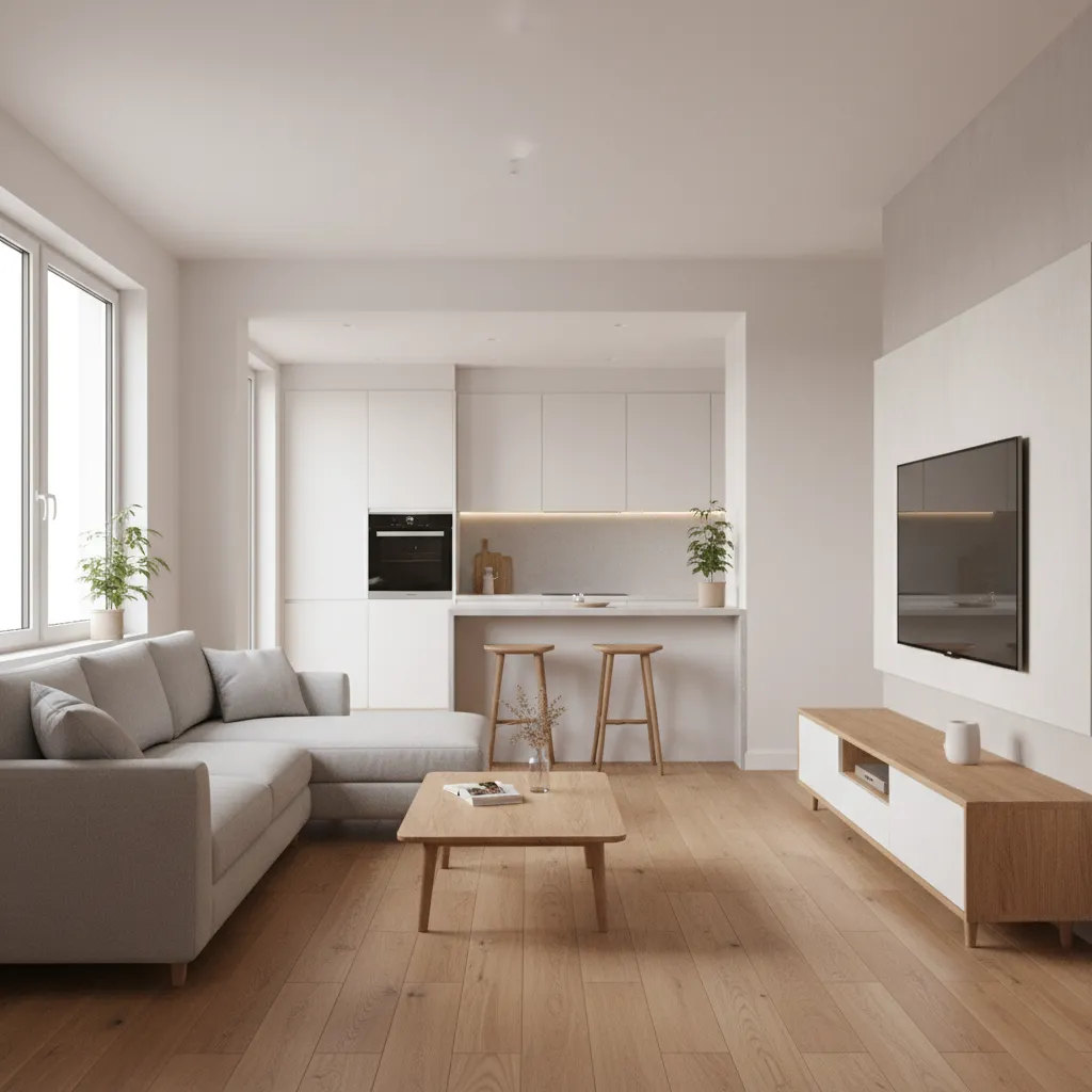 small modern living hall connected to kitchen in compact house layout