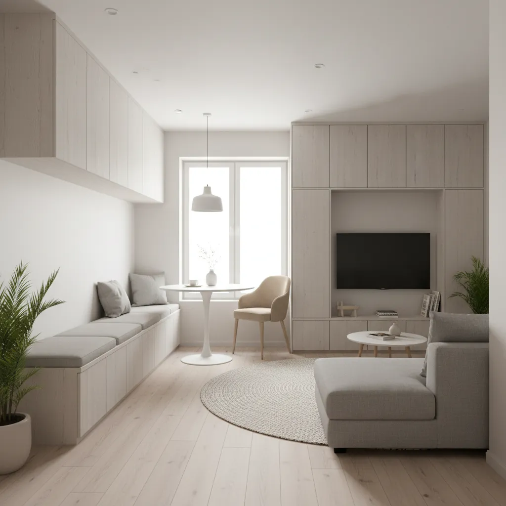 Family friendly compact home interior with smart storage solutions