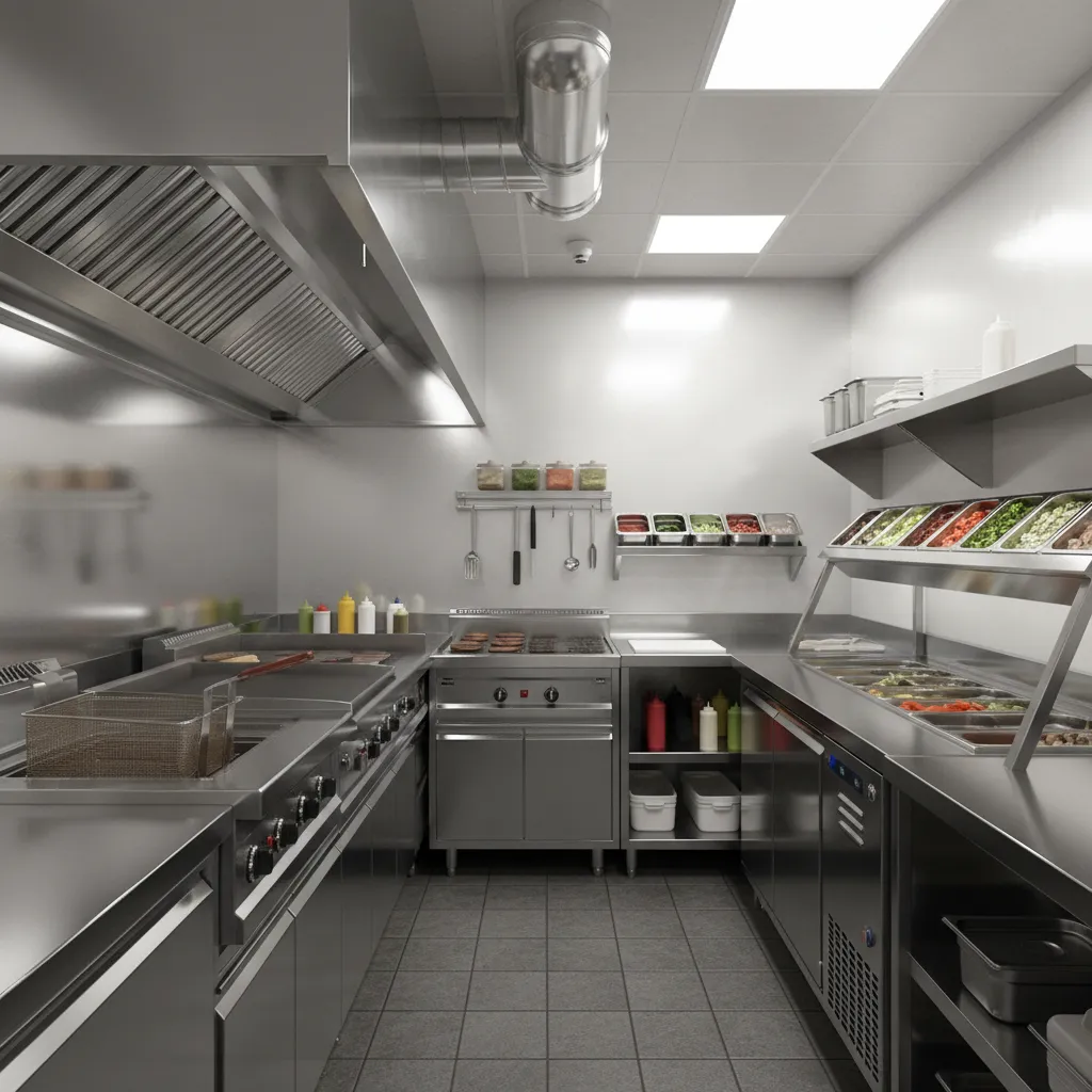 compact commercial fast food kitchen with fryer grill and prep counter