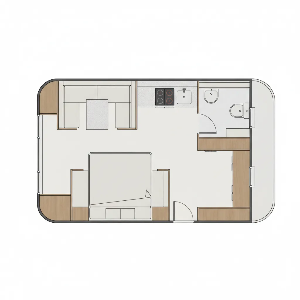 Top view layout diagram of a 17 foot fiberglass travel trailer floor plan