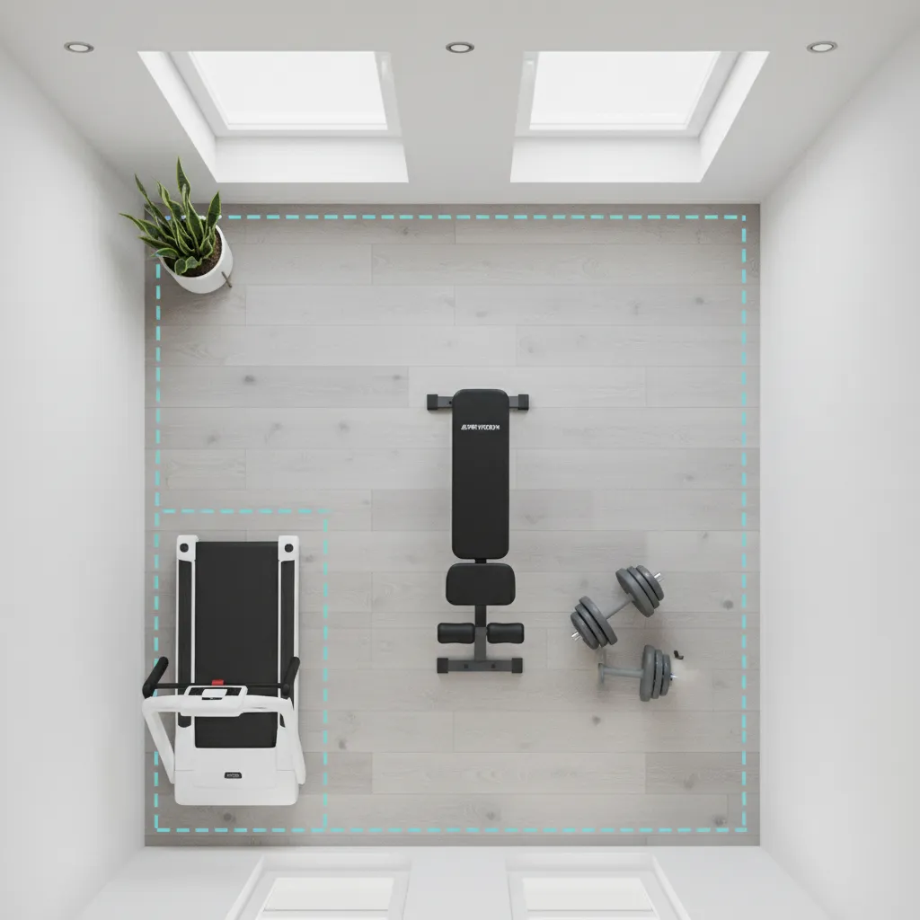 Top view layout of compact fitness equipment arrangement in a small home gym