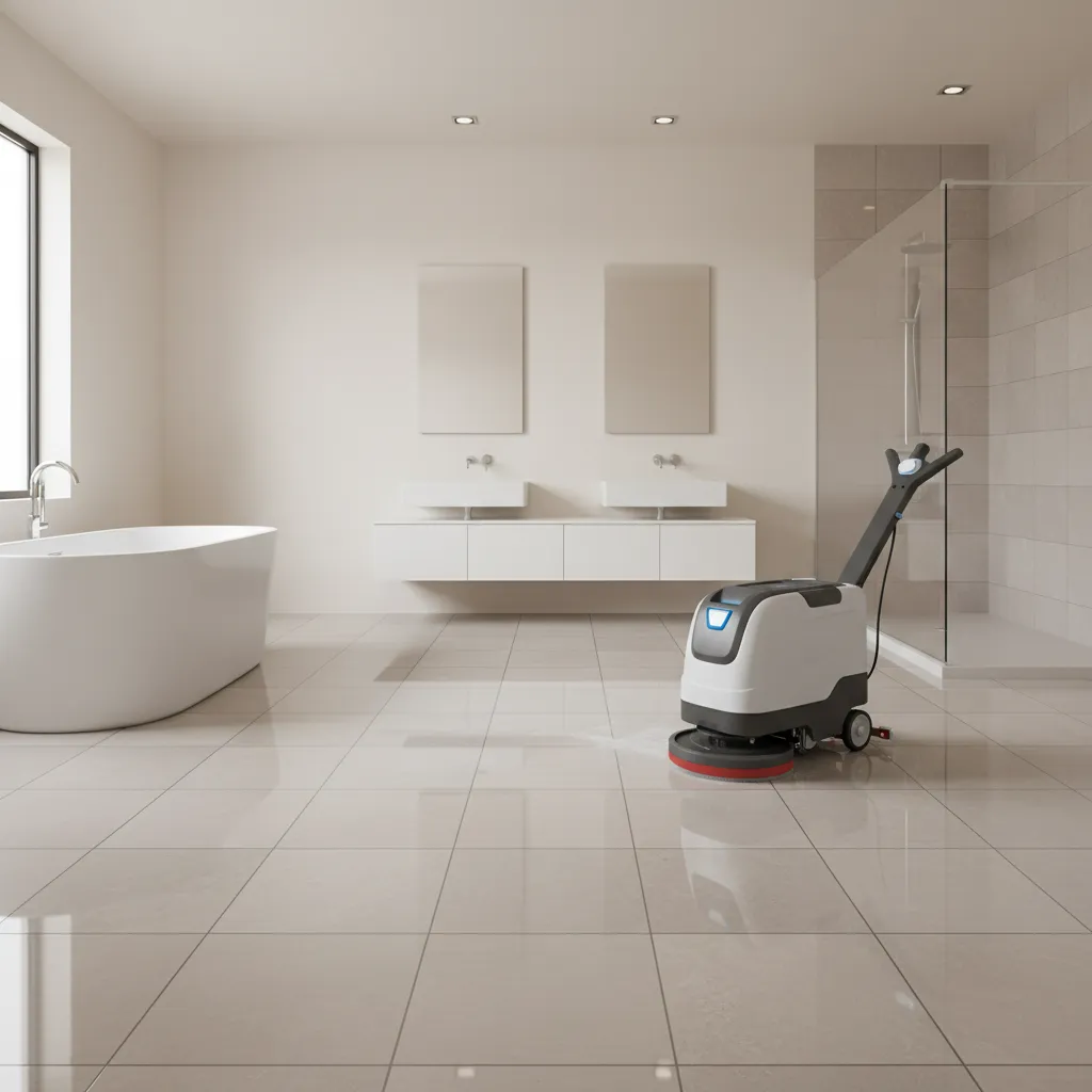 Compact floor scrubber machine cleaning large bathroom tile floor