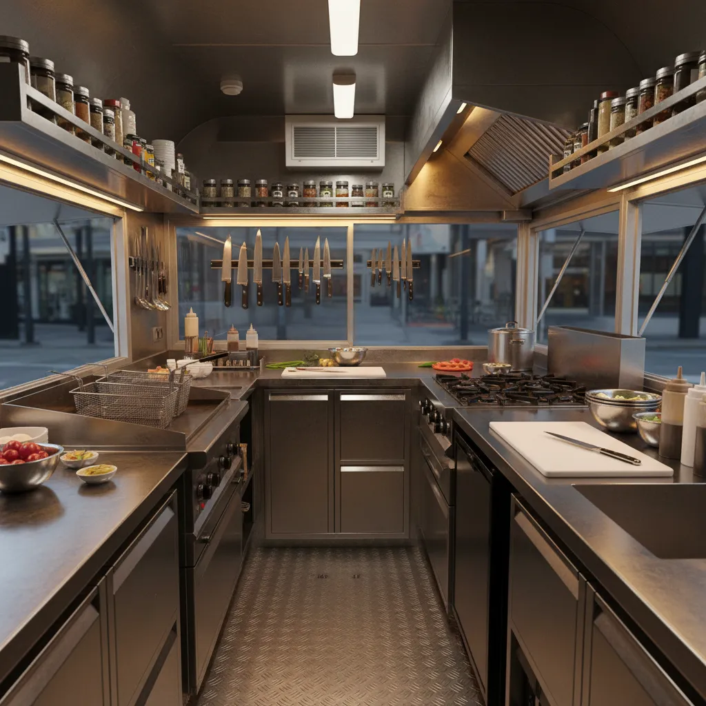 Compact food truck interior featuring stainless steel counters, cooking equipment, and many organized spice jars