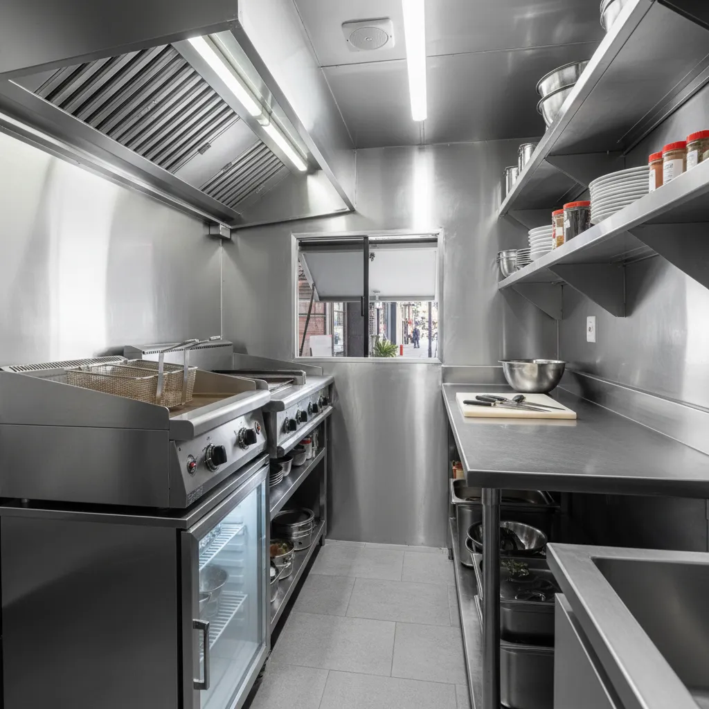 Cocina compacta dentro de un food truck con plancha y almacenamiento