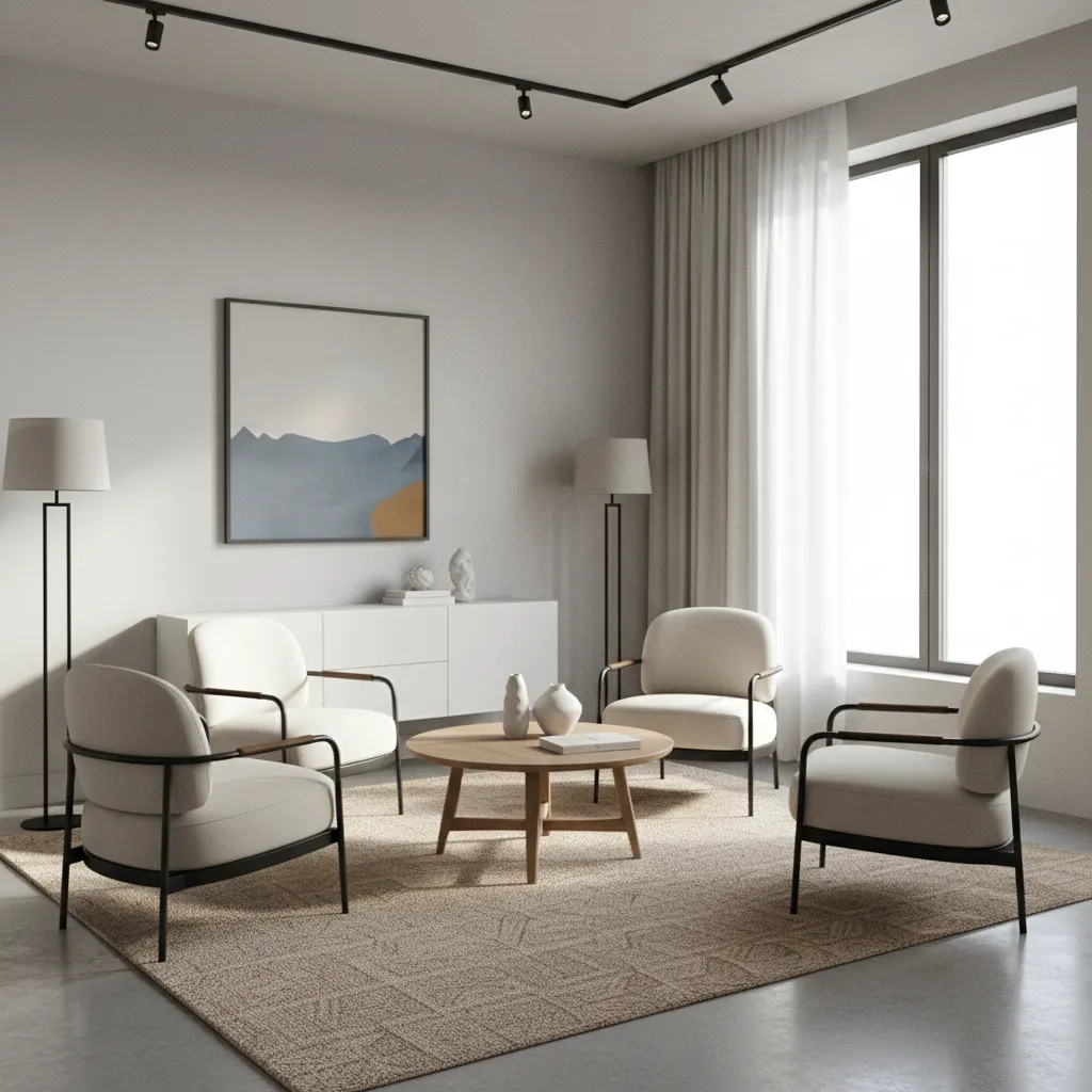 Compact living room showing four chairs around a central table