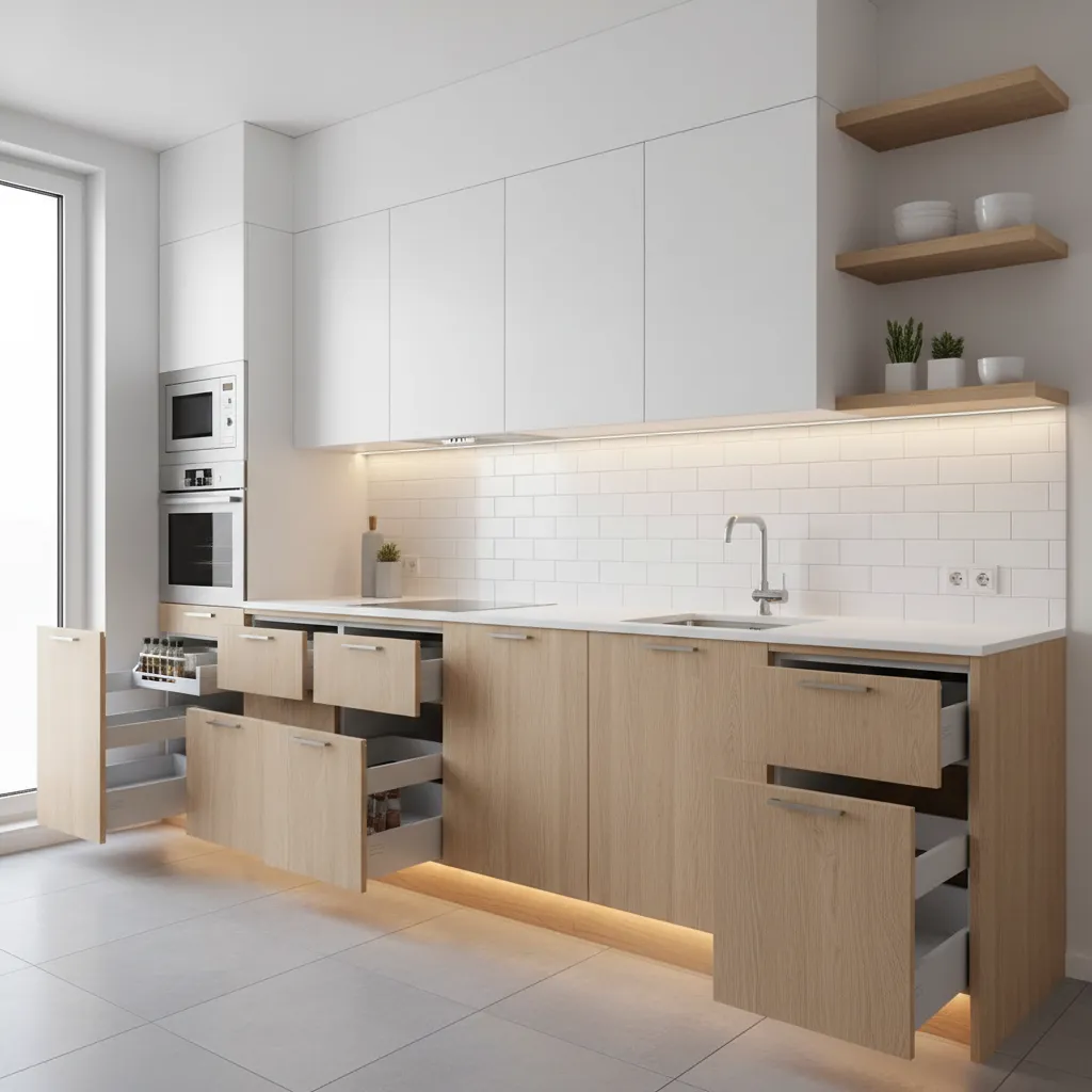 Modern kitchen featuring white upper cabinets, wooden lower drawers open, and a white tiled backsplash