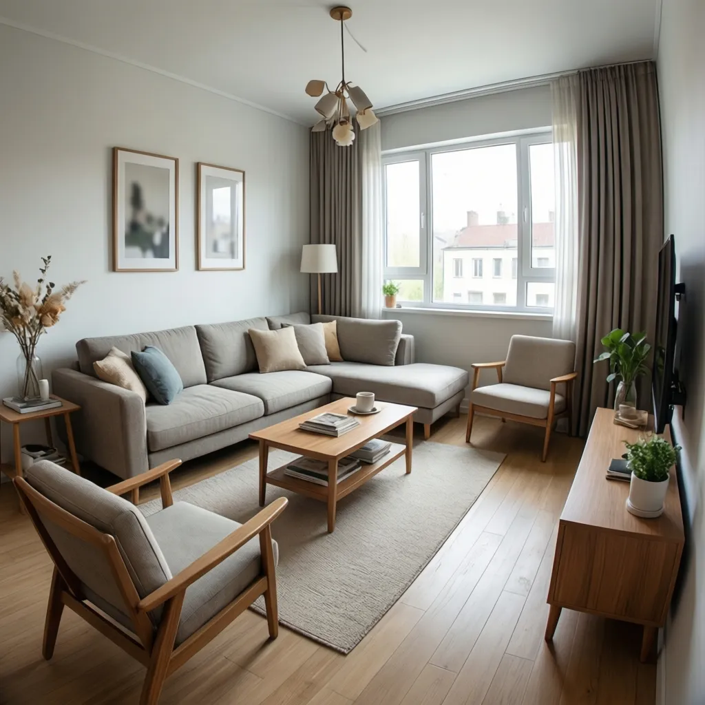 Compact sofa and chairs arranged in a small L-shaped living room