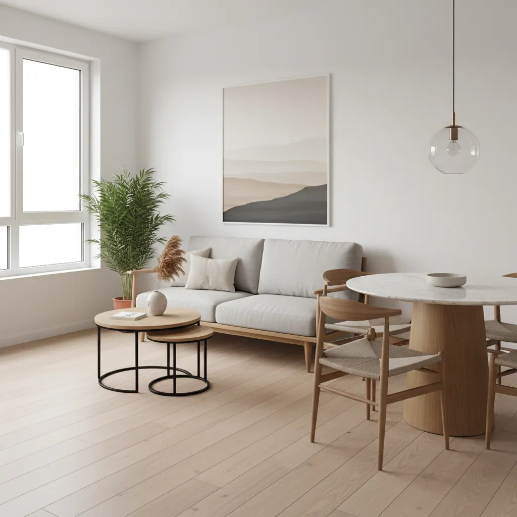 Compact furniture in combined living dining apartment space