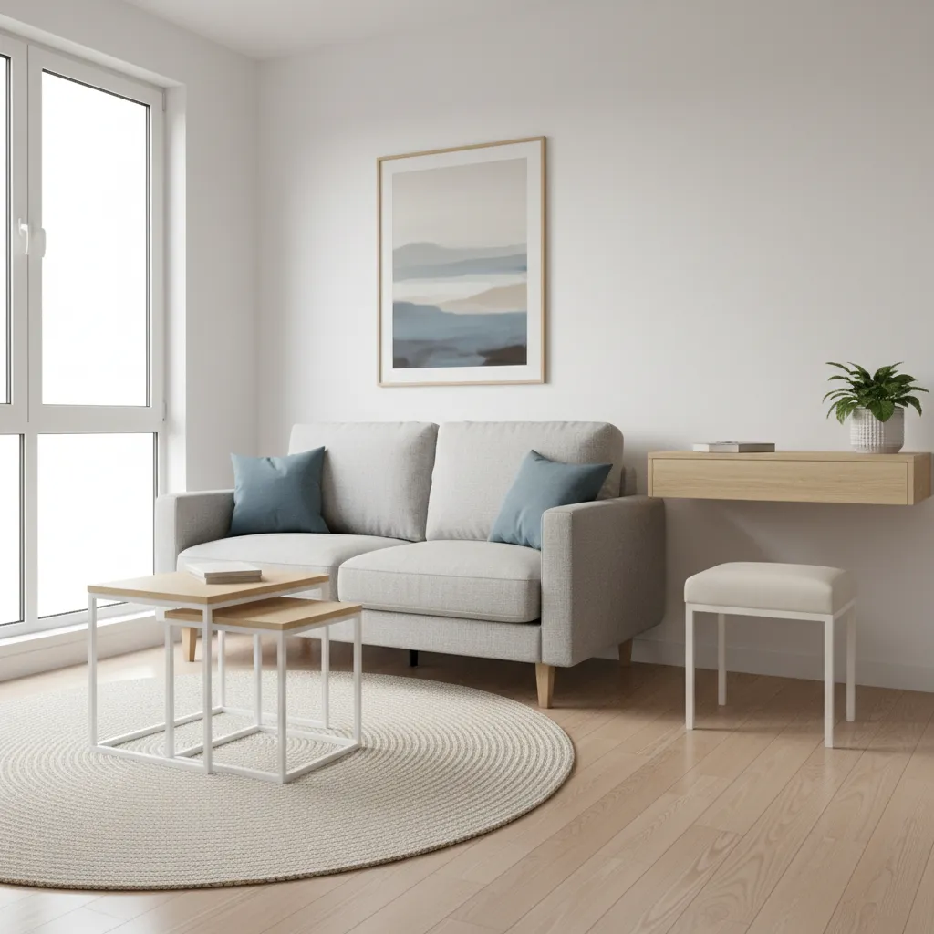 Modern small apartment furniture setup with loveseat, nesting tables and wall desk