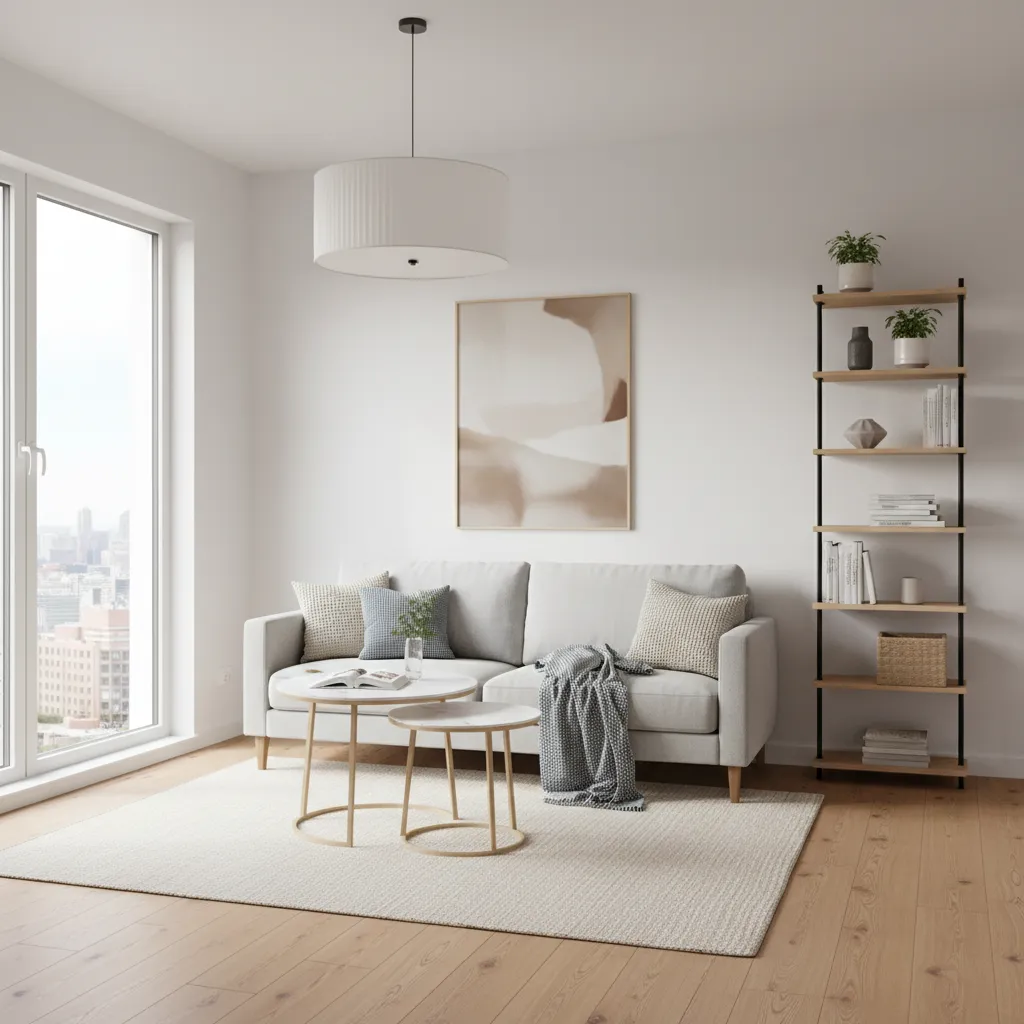 compact living room with apartment-size sofa and nesting tables