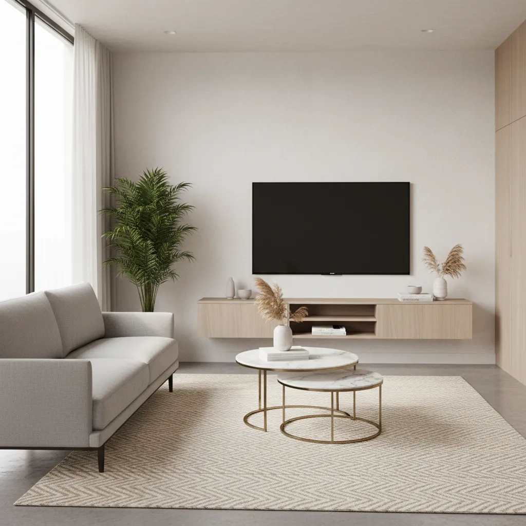 Slim profile sofa and nesting tables in compact apartment living room