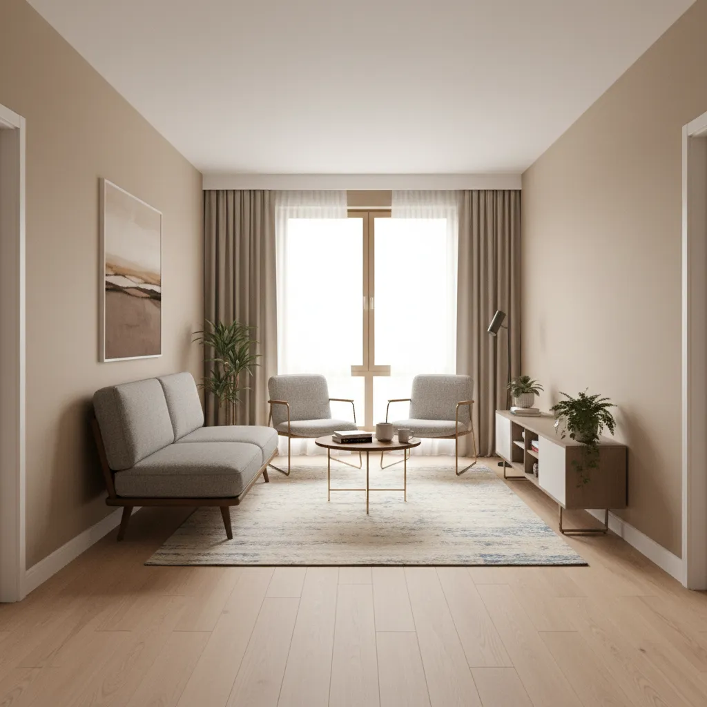 Compact furniture arrangement in a narrow pass through living room