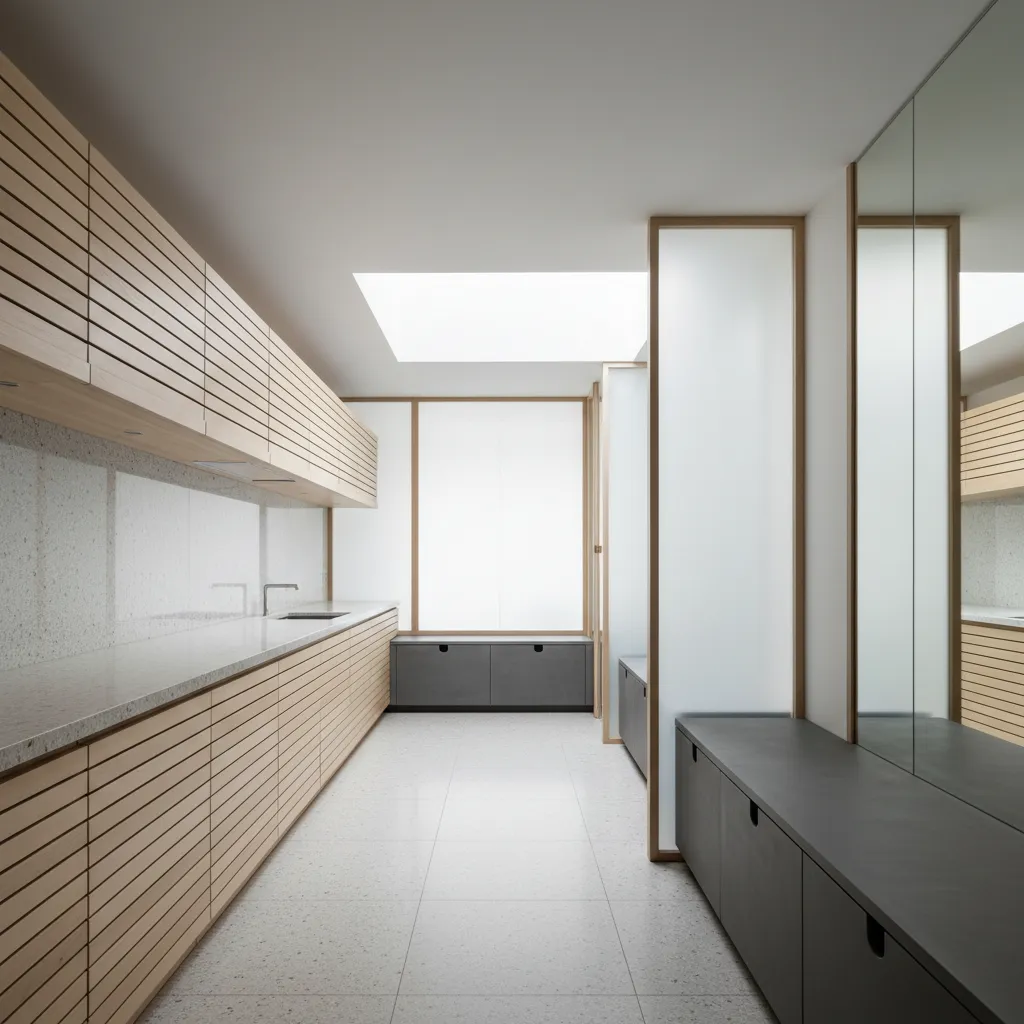 Modern minimalist kitchen area featuring wood cabinets stone countertops white floors and a large skylight