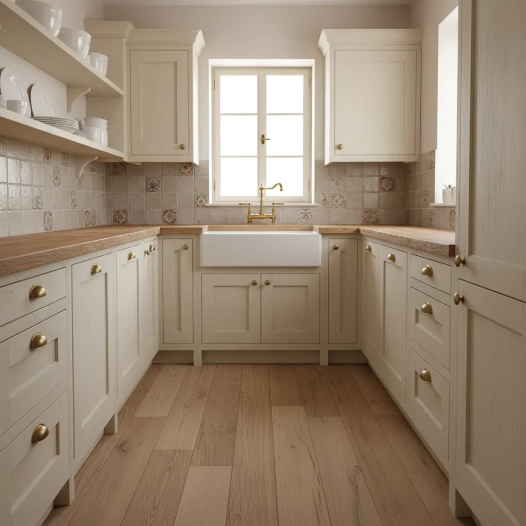 Galley layout French country kitchen designed for small apartment spaces