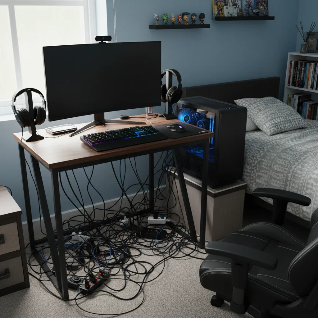 small gaming desk with messy cables before cable management