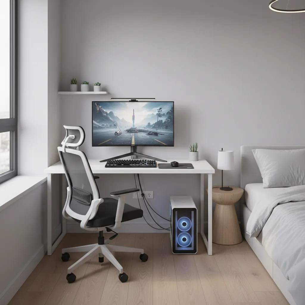 Small bedroom with compact gaming desk and single monitor setup