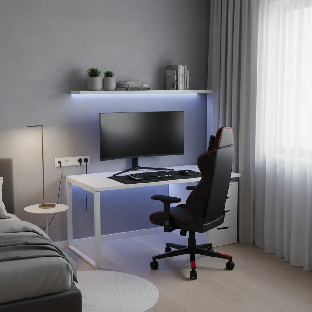 small gaming room with wall facing desk and organized setup