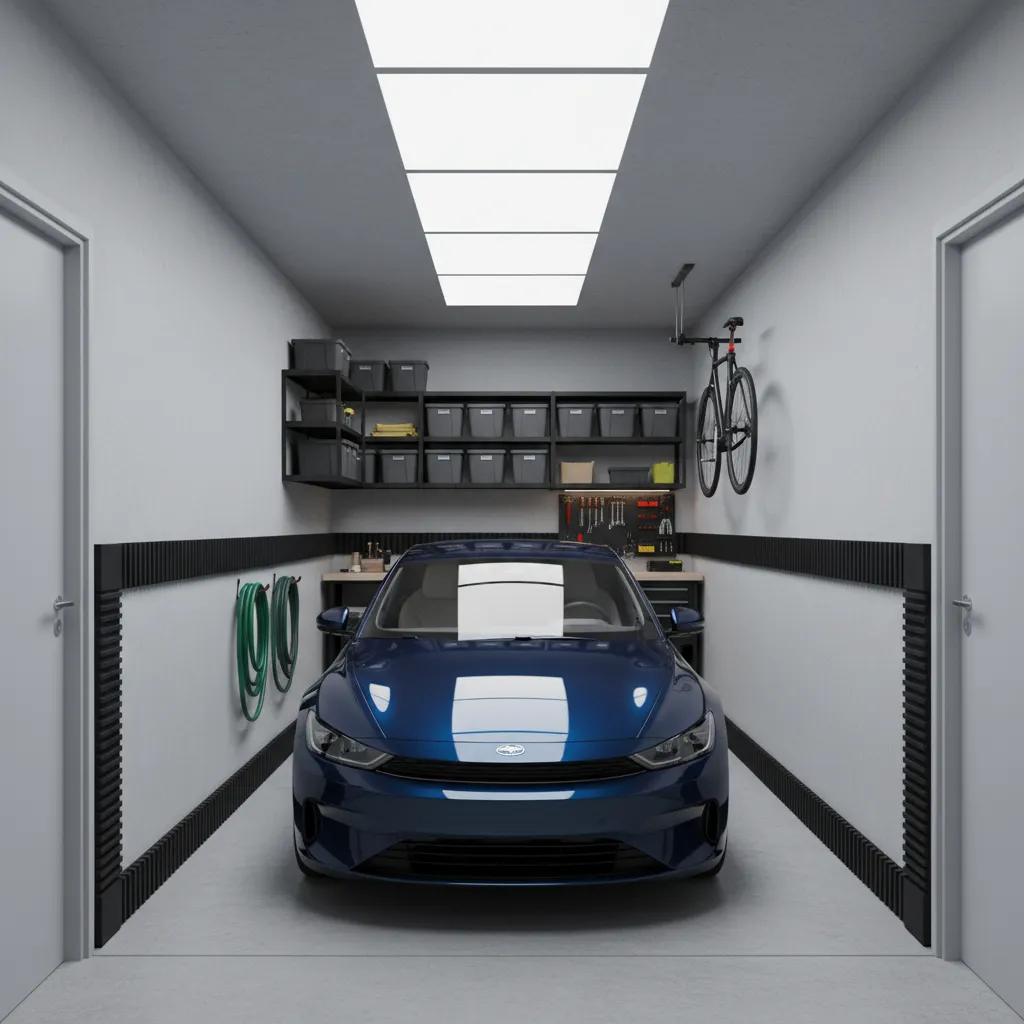 Small residential garage with protective wall guards and clean parking layout