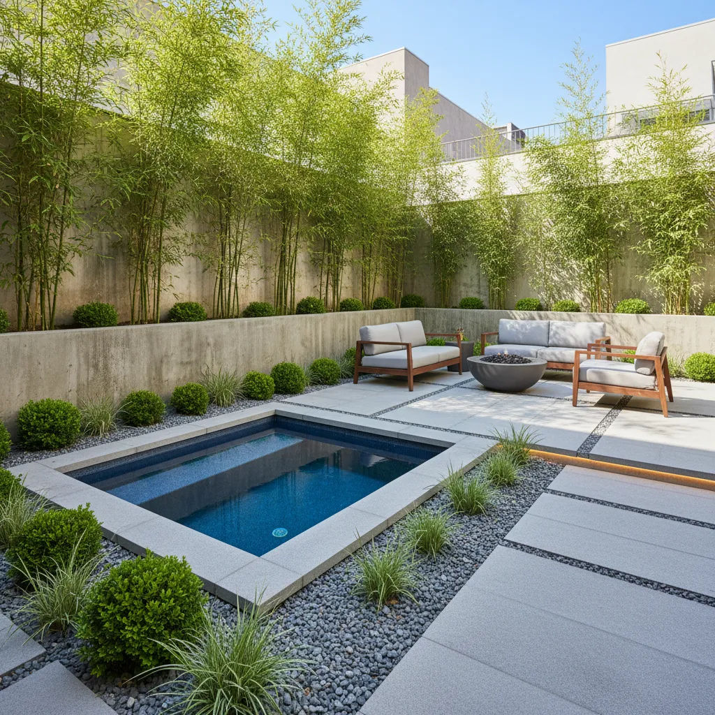 Jardín compacto alrededor de una alberca pequeña