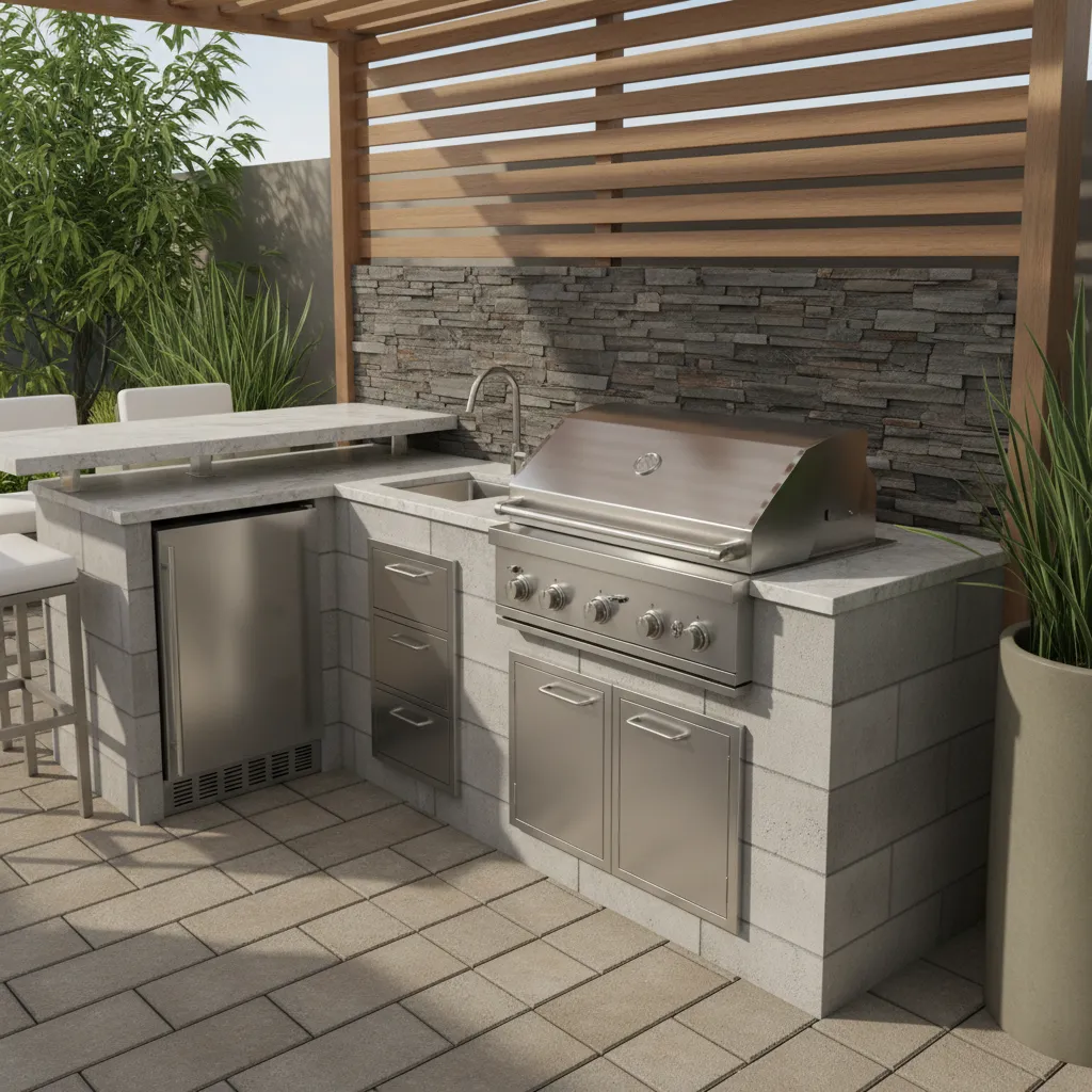 Narrow two burner gas grill installed in a small outdoor kitchen counter