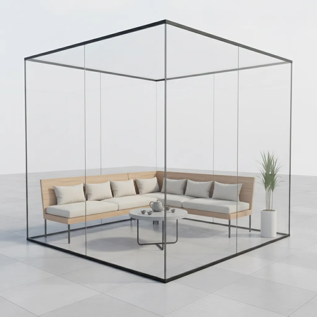 Efficient interior layout for a 10x10 glass room with built in bench seating