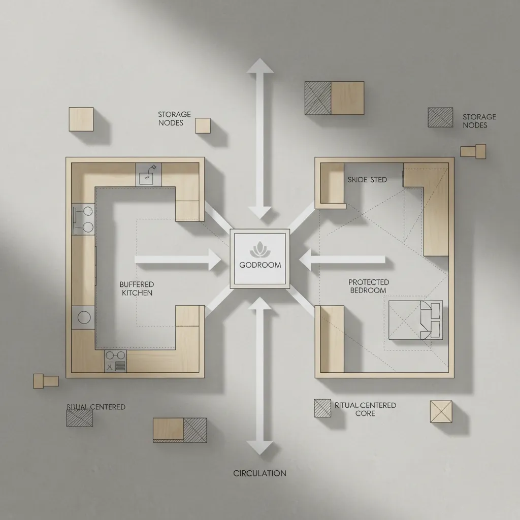 One-Bedroom Interface: Simple Home Planning: A compact floor plan where kitchen, hall, and godroom align like a calm operating system