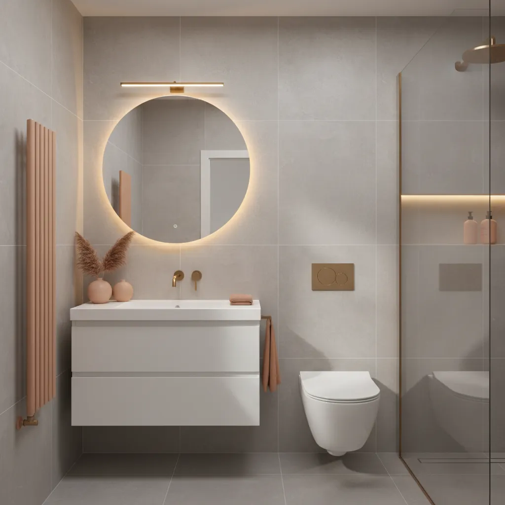 Compact bathroom with grey tiles and subtle peach accents creating a warm modern look